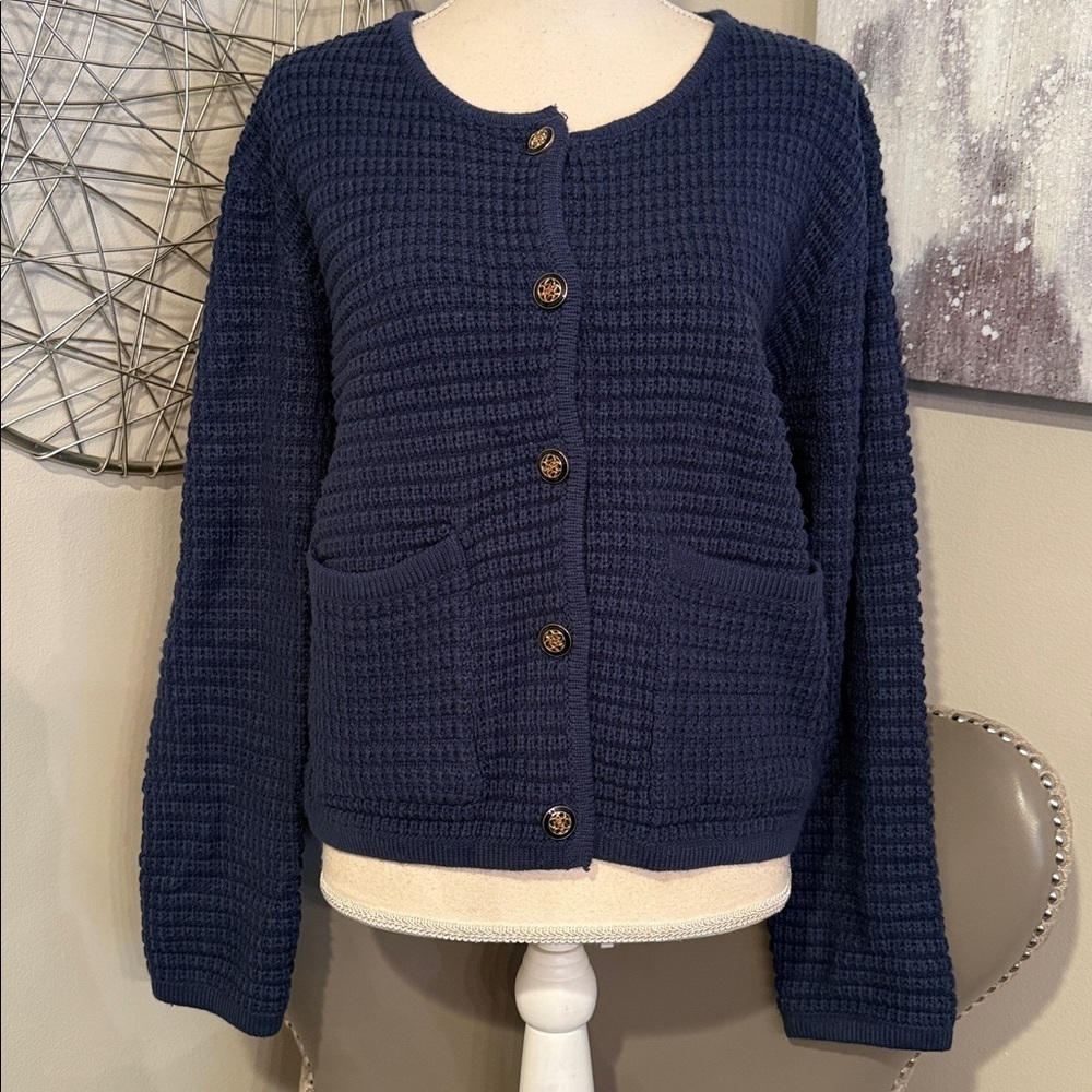 Navy Blue Waffle Knit Button Cardigan Size Large